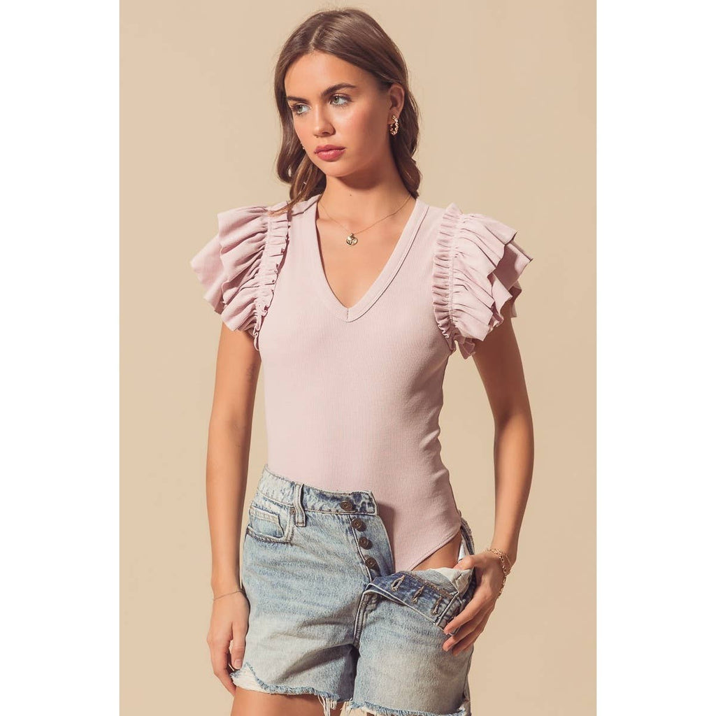 DEEP V NECK RIB KNIT BODYSUIT WITH RUFFLES: MAUVE