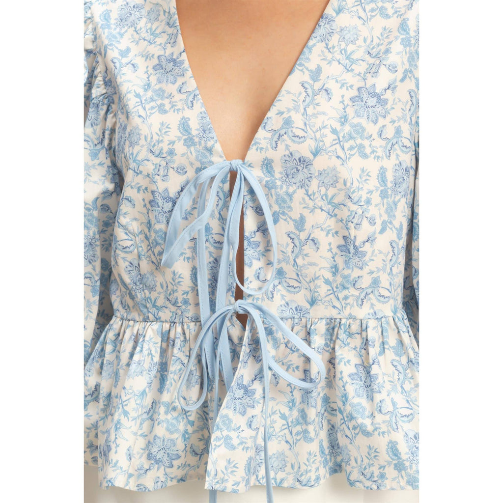 Floral Tie-Front Peplum Top: BLUE