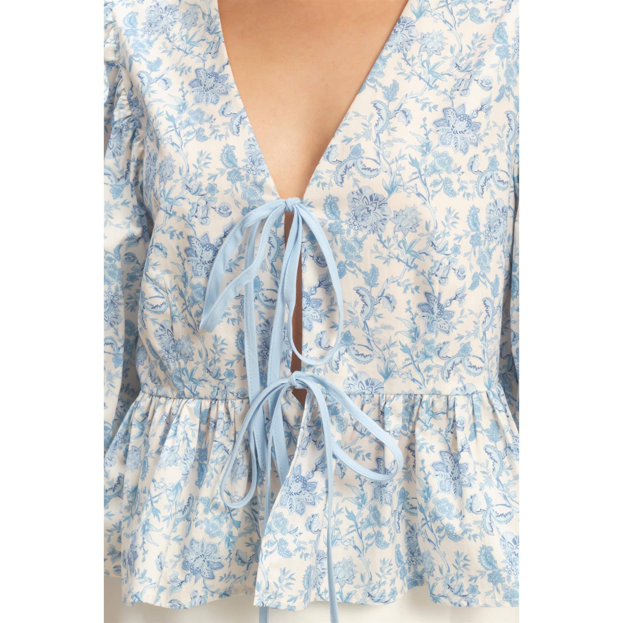 Floral Tie-Front Peplum Top: BLUE
