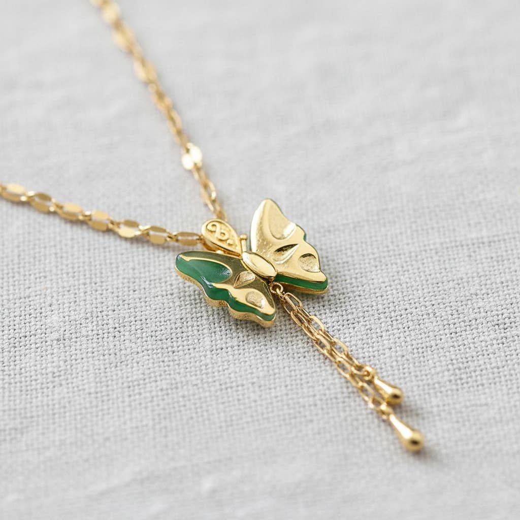Butterfly Pendant Necklace with Jade Accent