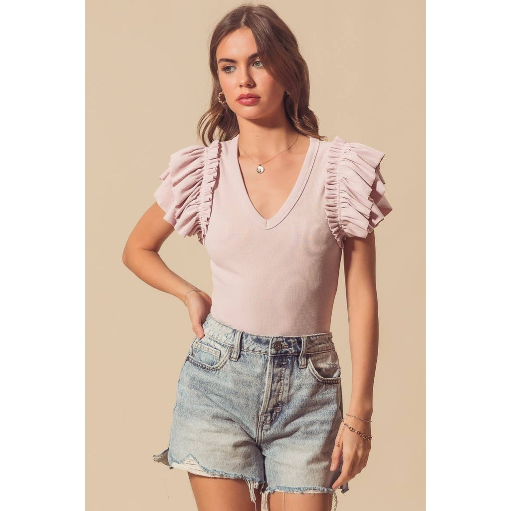 DEEP V NECK RIB KNIT BODYSUIT WITH RUFFLES: MAUVE