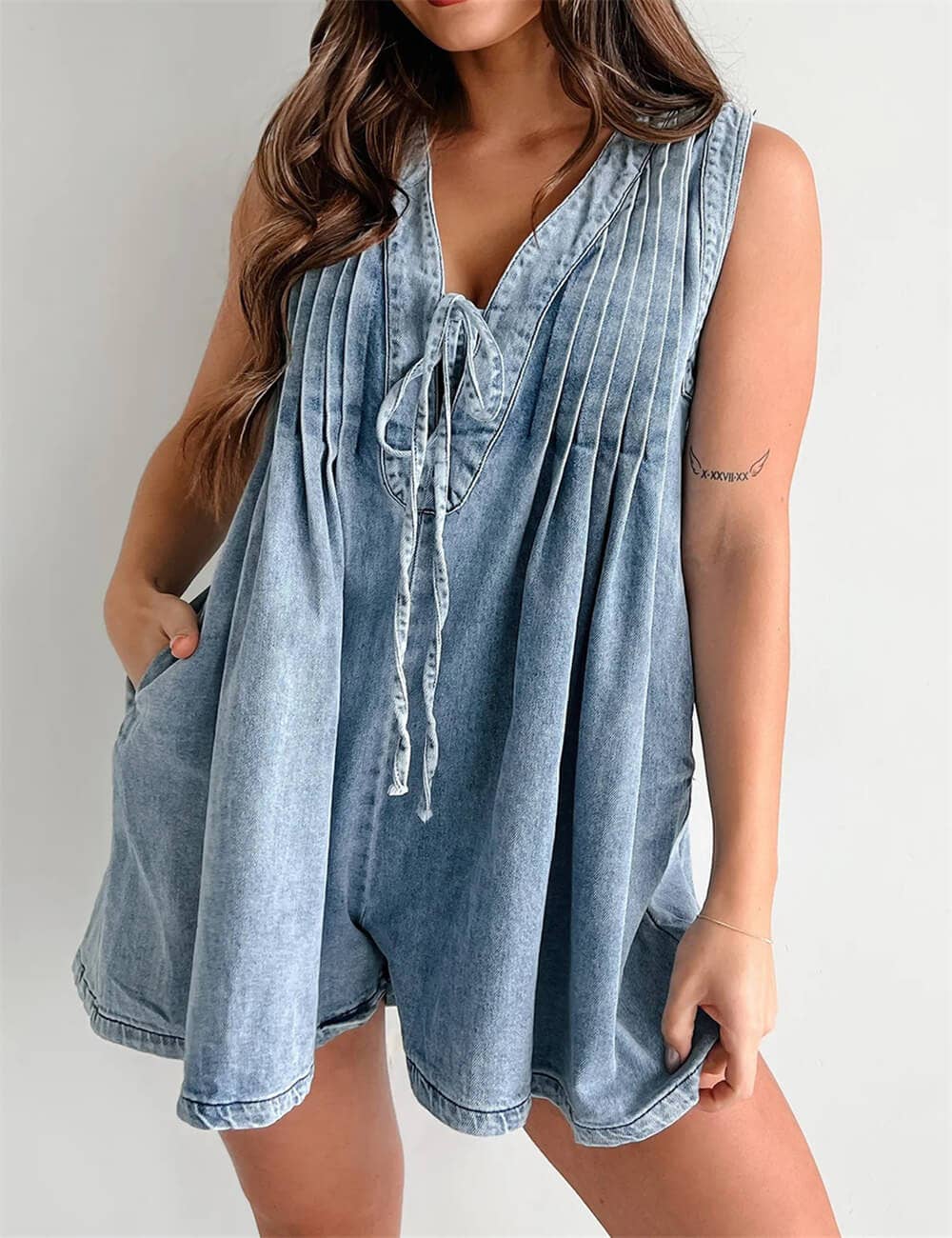 Ladies Tie Front V-Neck Sleeveless Denim Romper: Light Blue