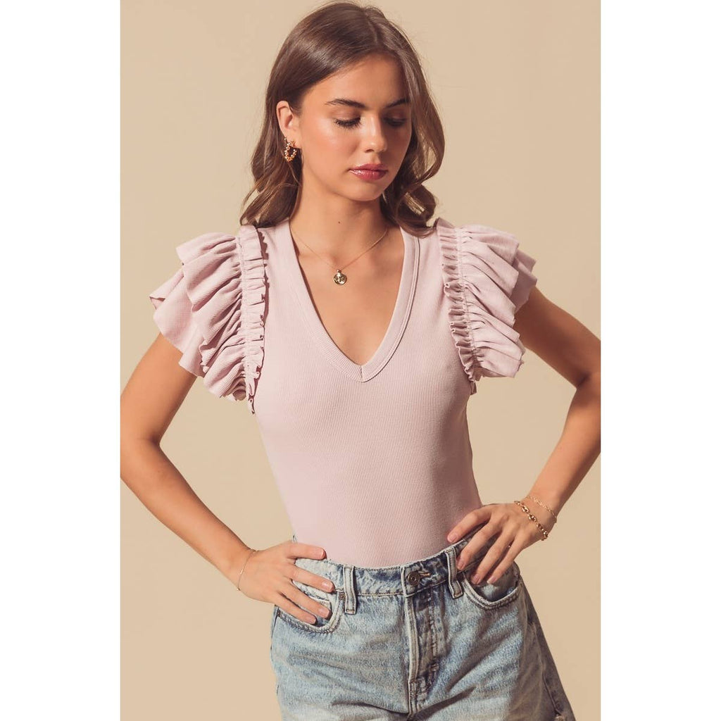 DEEP V NECK RIB KNIT BODYSUIT WITH RUFFLES: MAUVE