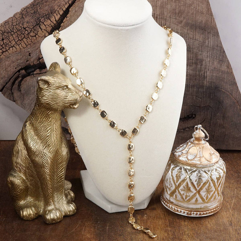 Desert Cascade – Textured Square Long Lariat Necklace: Gold Tone