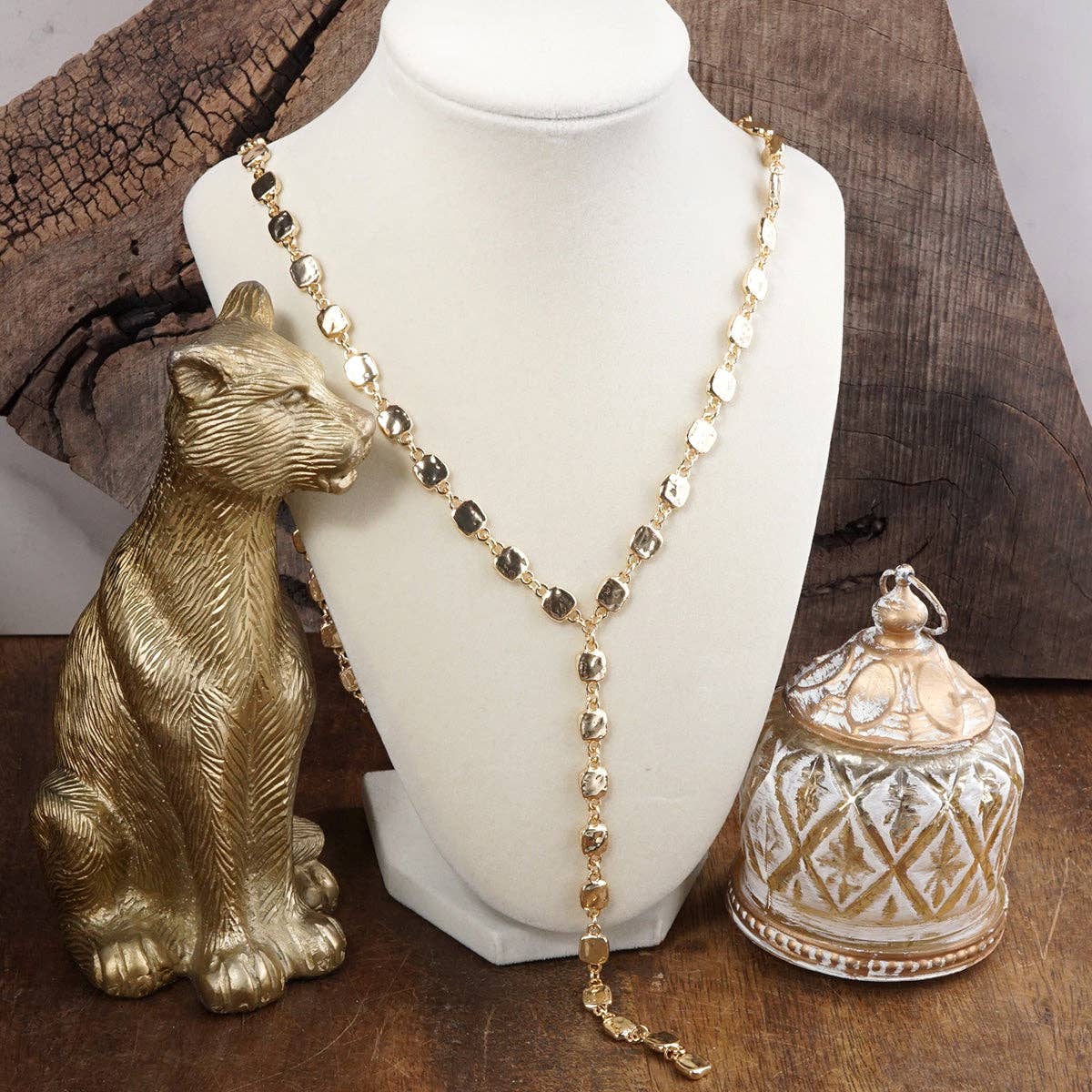 Desert Cascade – Textured Square Long Lariat Necklace: Gold Tone