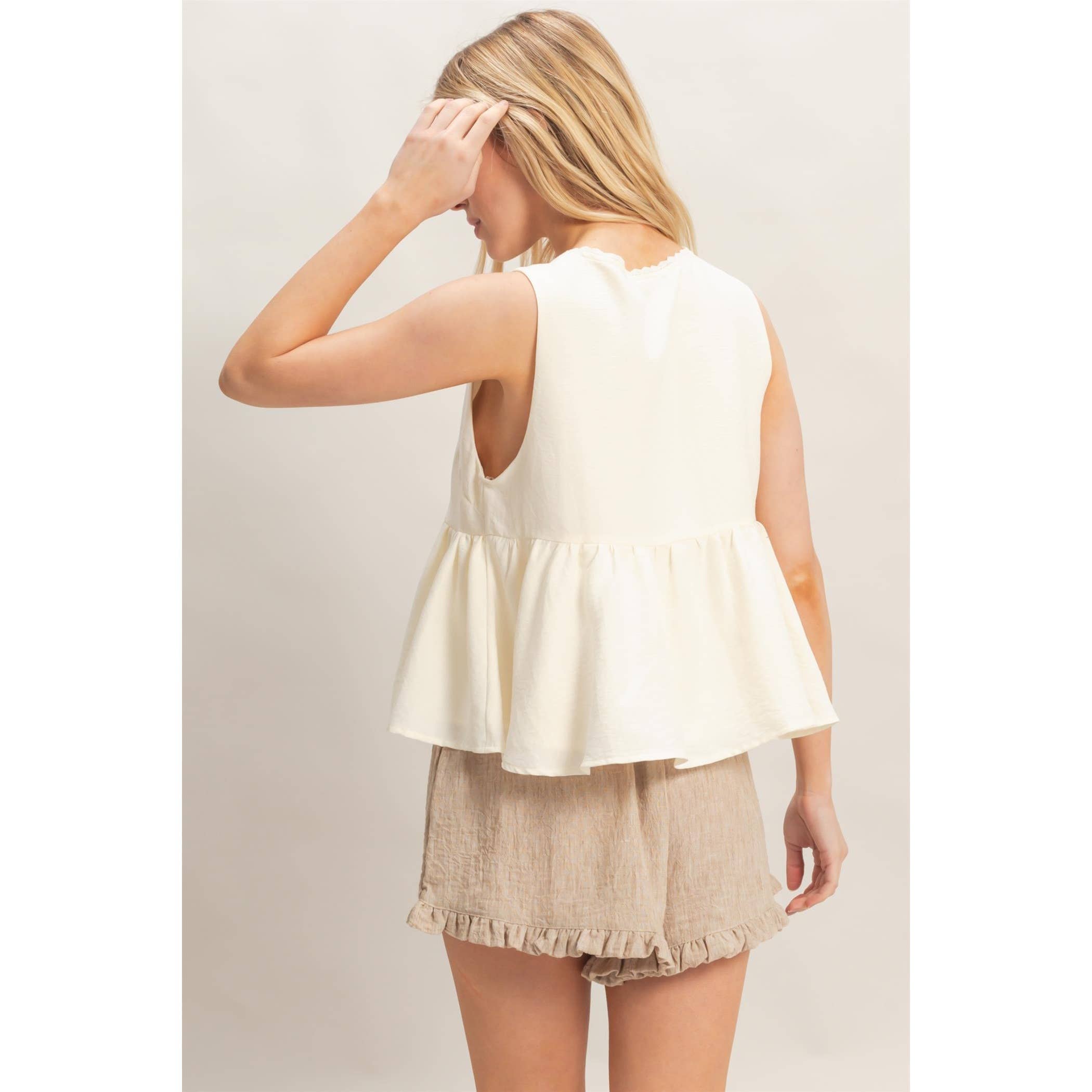 Lace Trim Tie Front Top: OFF WHITE