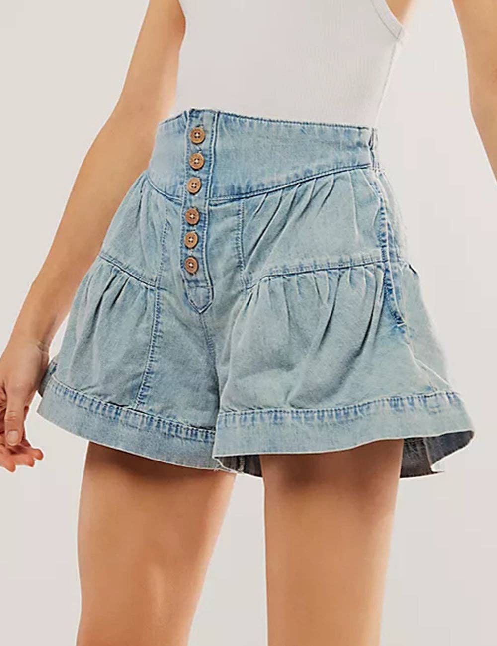 Ladies Solid Color Cotton Denim Shorts: Light Blue