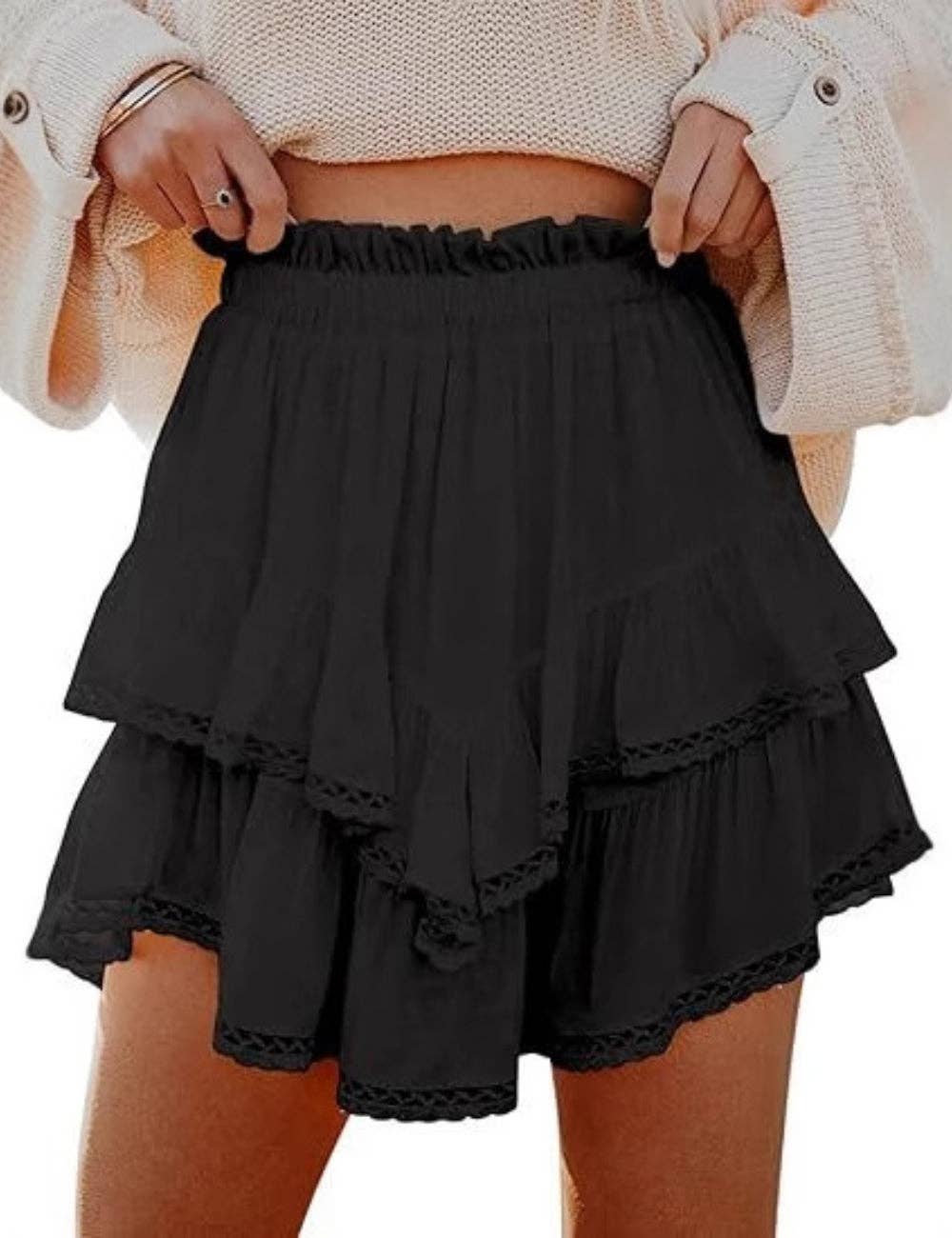 Ladies Solid Color Ruffle Mini Skirt: White