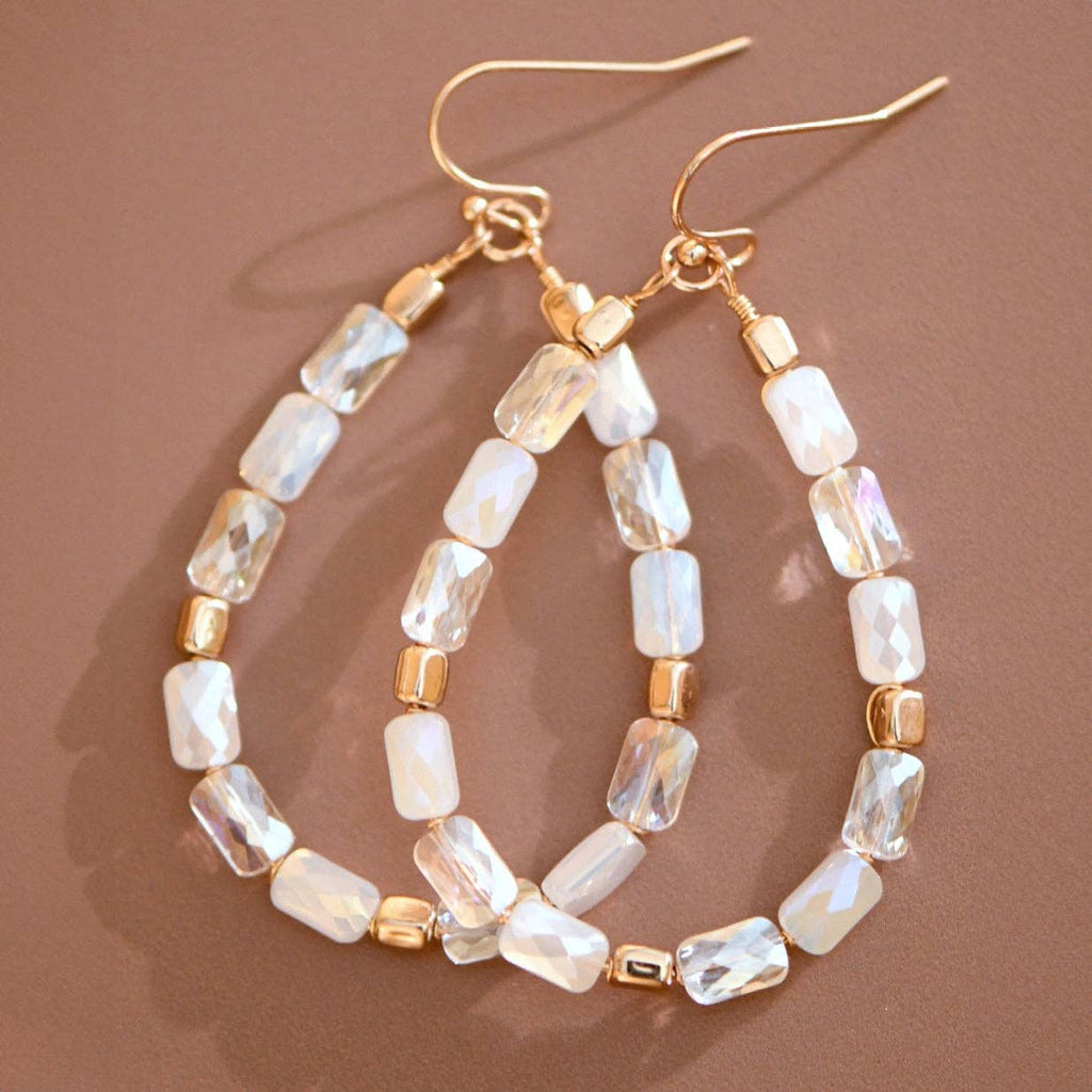 Teardrop Wire Beaded Glass Crystal Earrings - 7284: S0OX3T7284 White