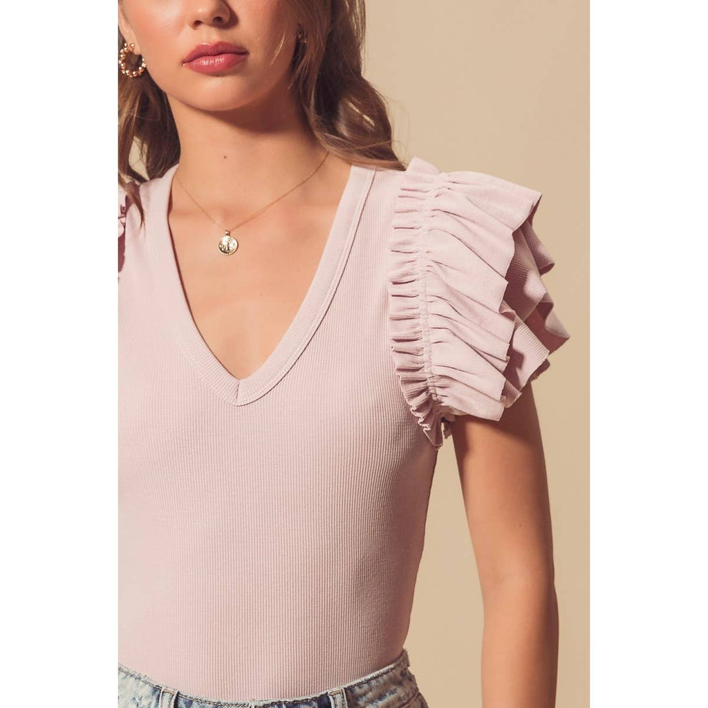 DEEP V NECK RIB KNIT BODYSUIT WITH RUFFLES: MAUVE