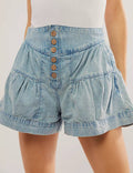 Ladies Solid Color Cotton Denim Shorts: Light Blue