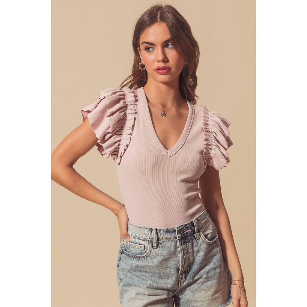 DEEP V NECK RIB KNIT BODYSUIT WITH RUFFLES: MAUVE