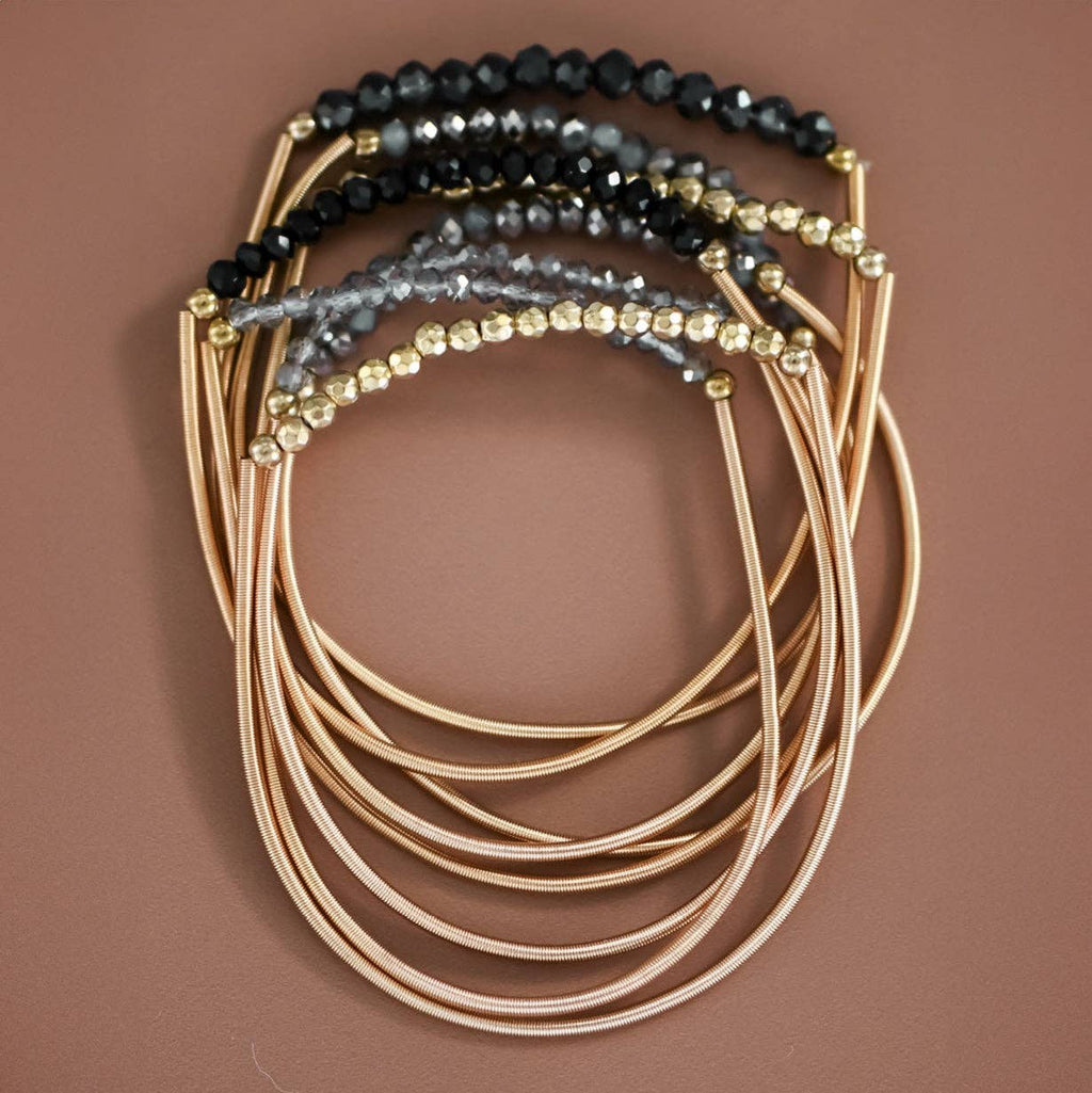 Boho Layered Spring Coil Guitar String Bracelet Set - 6962: S0OX3T6962 Black Set