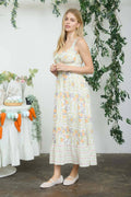 BORDER FLORAL SLEEVELESS FRONT TIE MIDI DRESS : GREEN MULTI