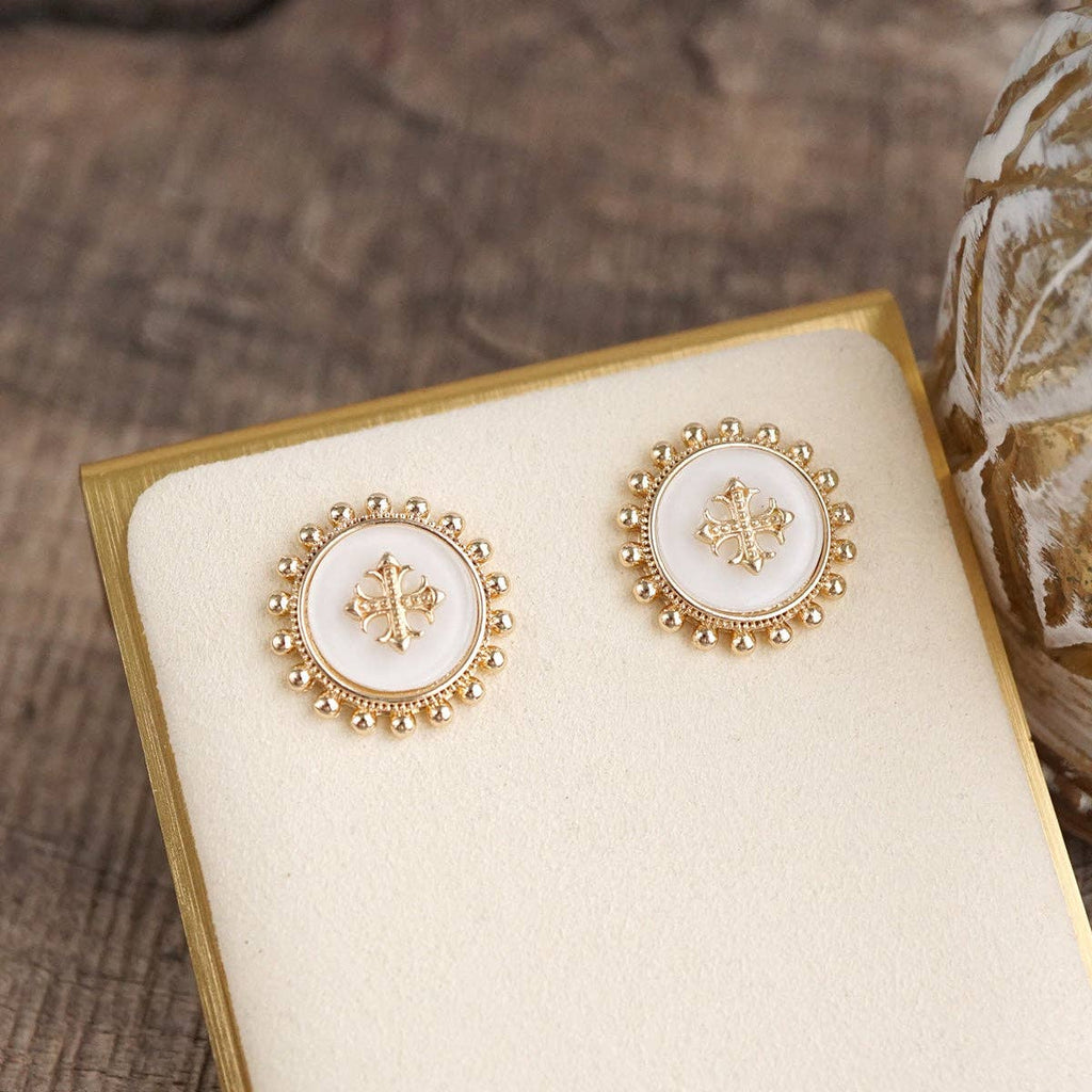 Sunlit Faith Cross Stud Earrings: White