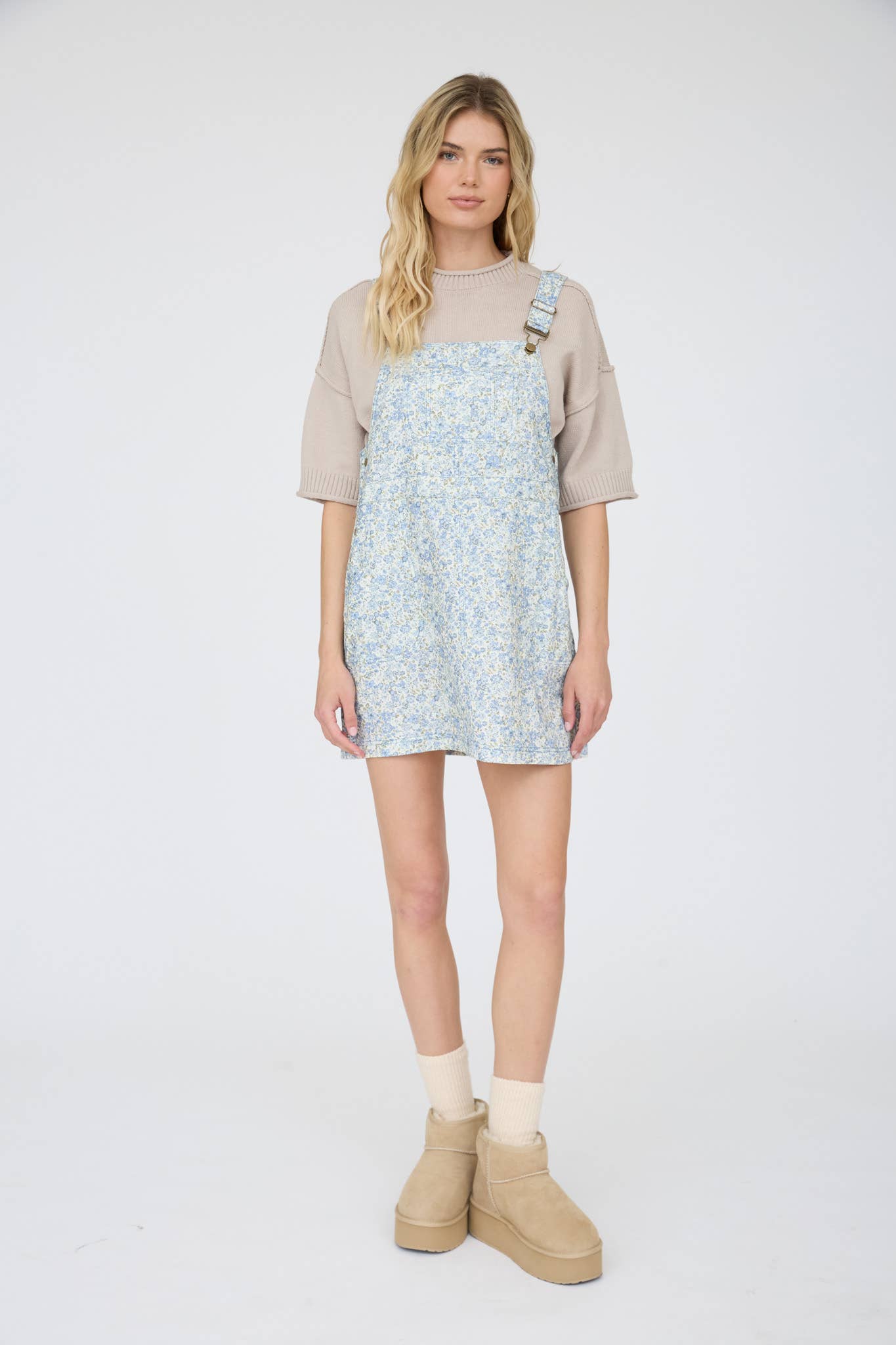 FLORAL PRINT OVERALL MINI DRESS : BLUE MULTI
