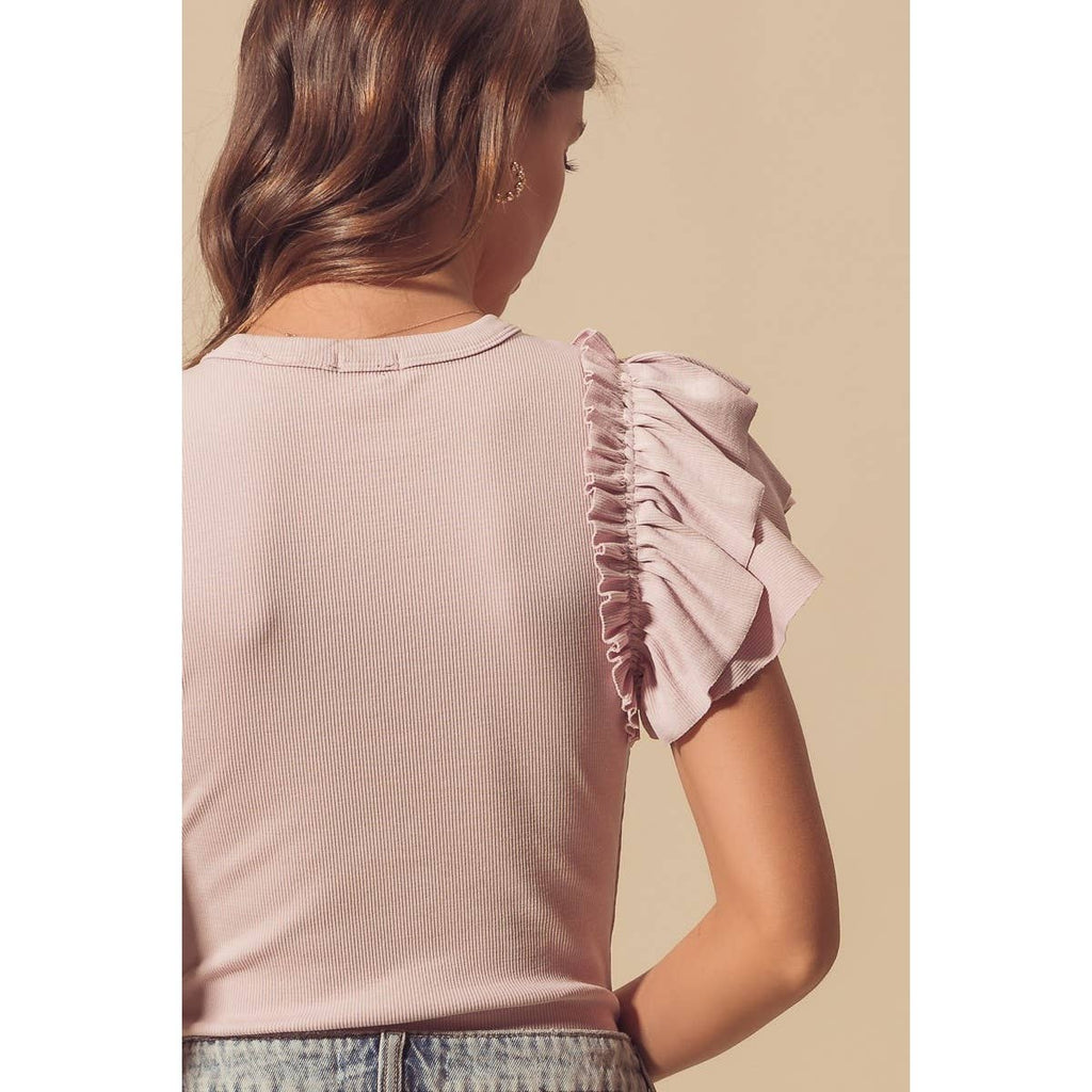 DEEP V NECK RIB KNIT BODYSUIT WITH RUFFLES: MAUVE