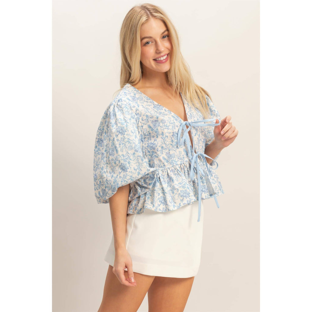 Floral Tie-Front Peplum Top: BLUE