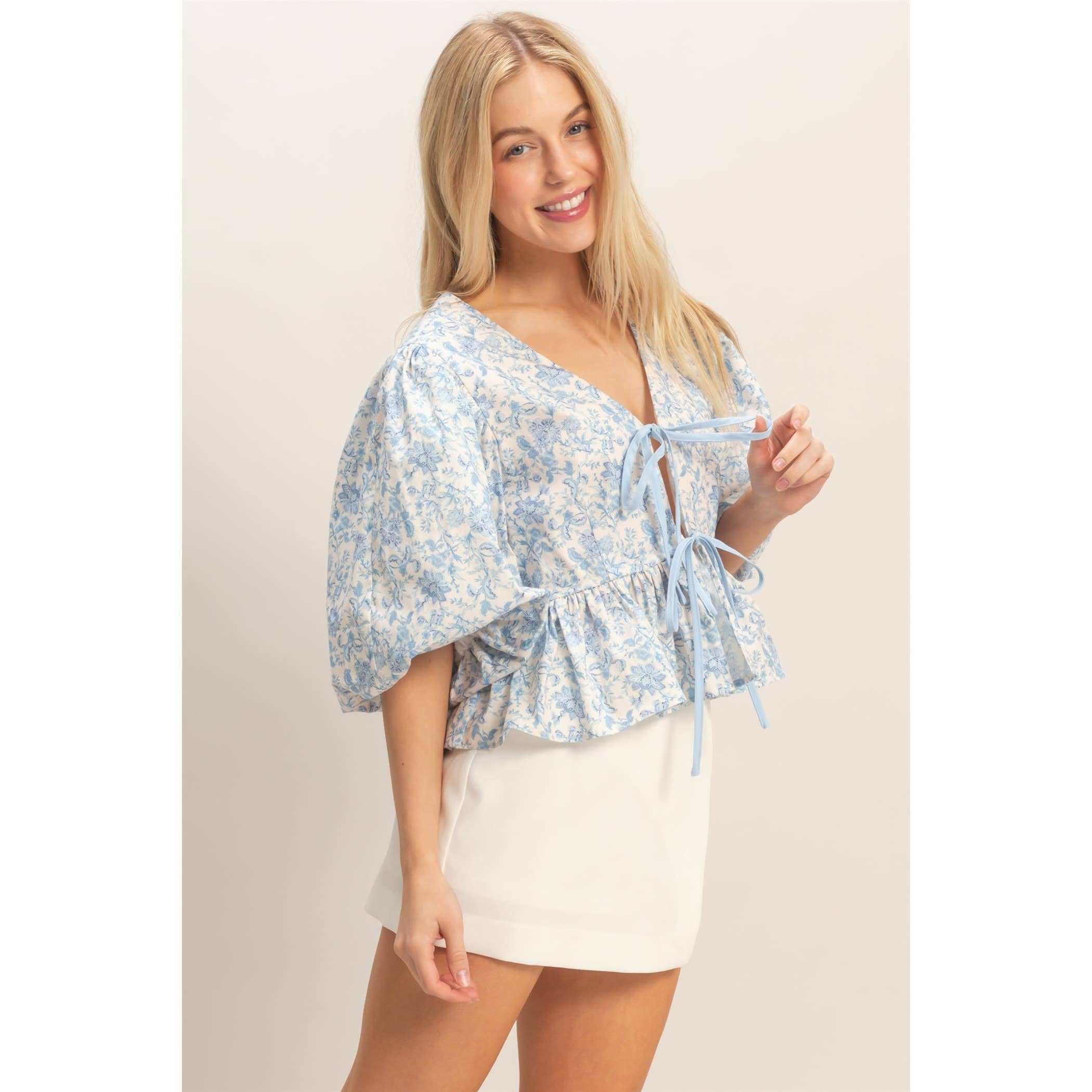 Floral Tie-Front Peplum Top: BLUE
