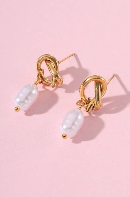 18K STAINLESS STEEL TARNISH FREE PEARL DROP EAR | 40E340: GOLD