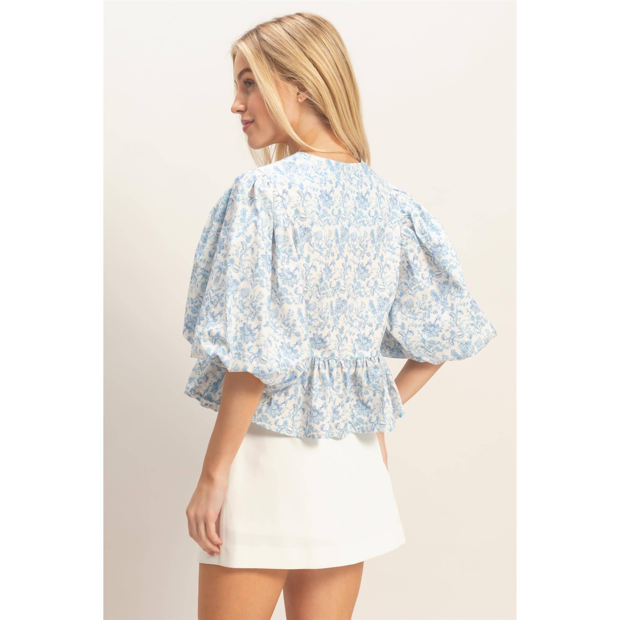 Floral Tie-Front Peplum Top: BLUE