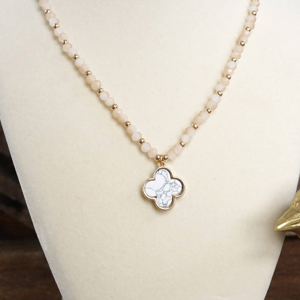 Short Beaded Clover Pendant Necklace with Semi-Precious Stone Beads: White