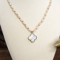 Short Beaded Clover Pendant Necklace with Semi-Precious Stone Beads: White