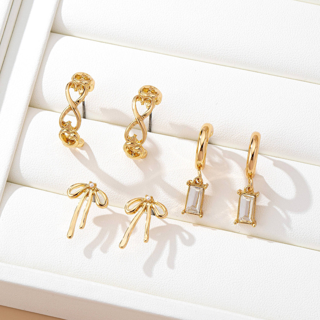 Baguette Stone Hoop, Bow Trio Earring Set | 80E61789: GOLD