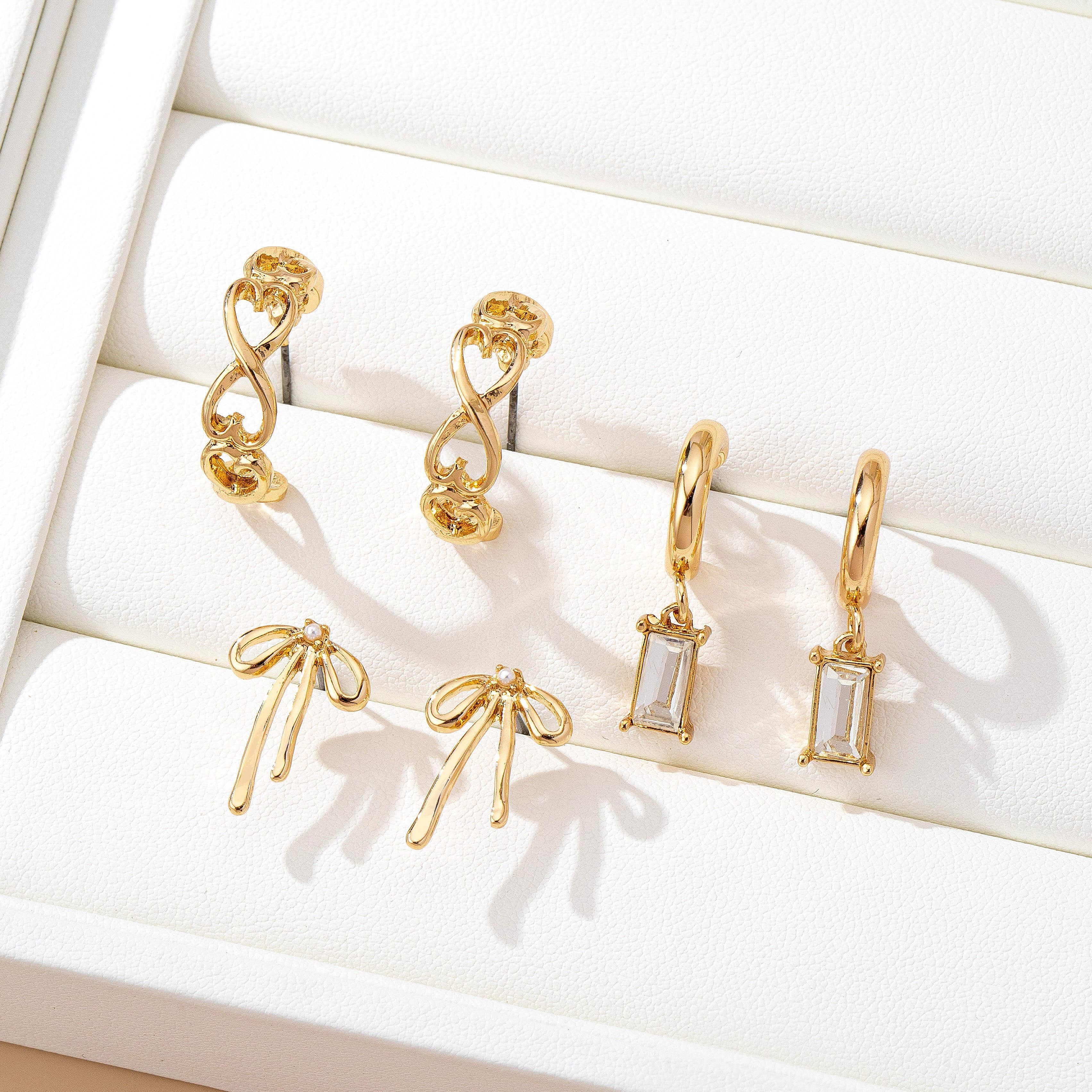 Baguette Stone Hoop, Bow Trio Earring Set | 80E61789: GOLD