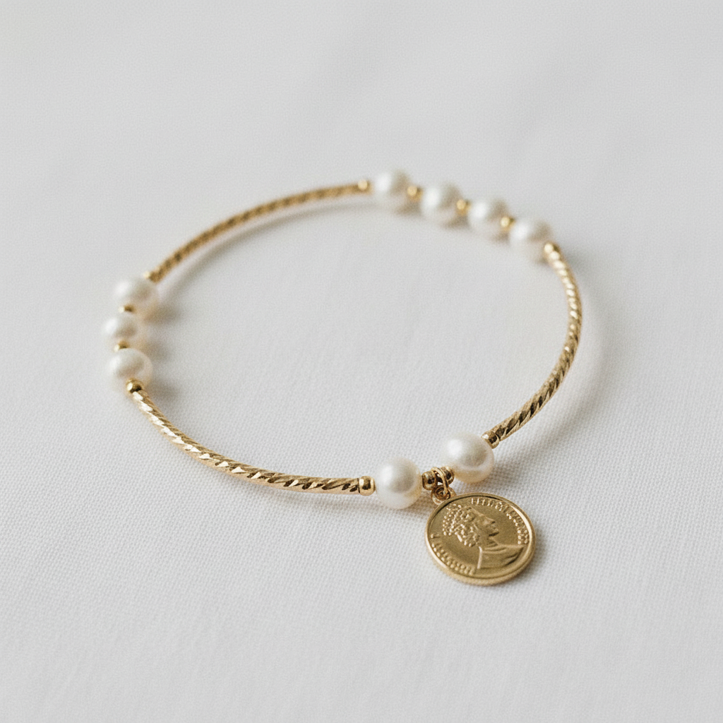 Freshwater Pearl and Coin Charm Stretch Bracelet