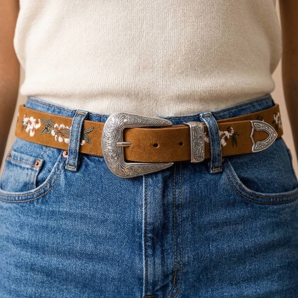 Flower Embroidered Buckle Belt