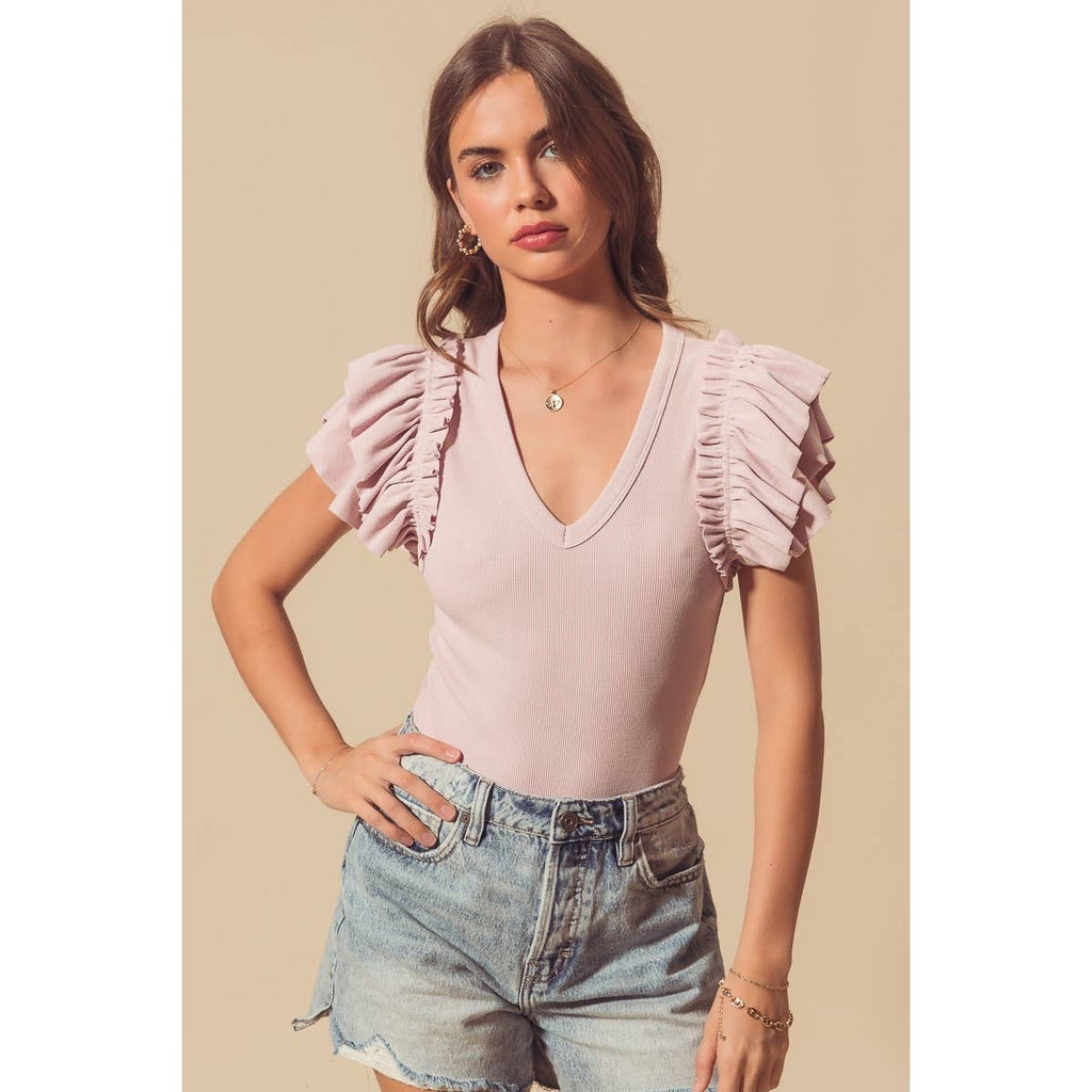DEEP V NECK RIB KNIT BODYSUIT WITH RUFFLES: MAUVE