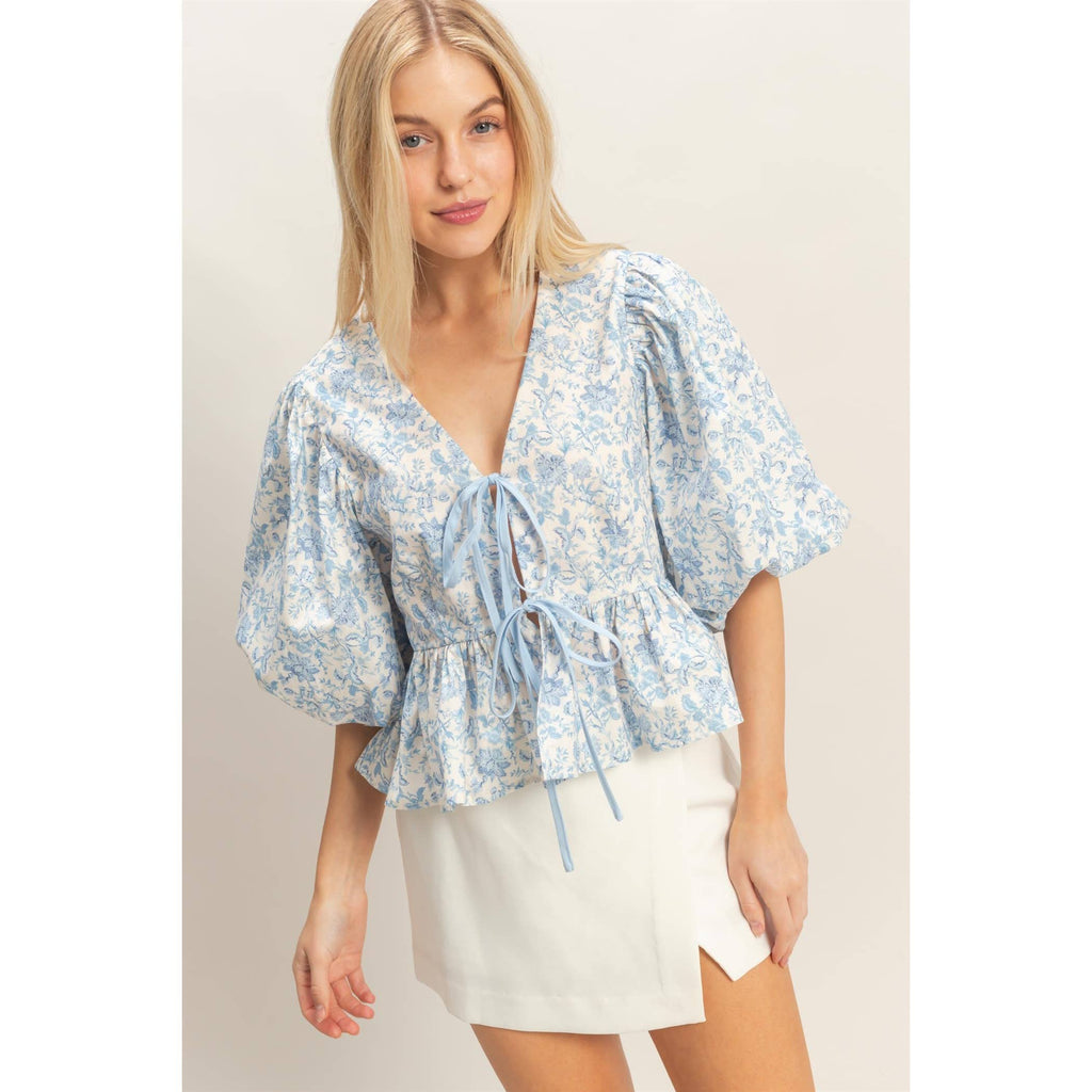 Floral Tie-Front Peplum Top: BLUE