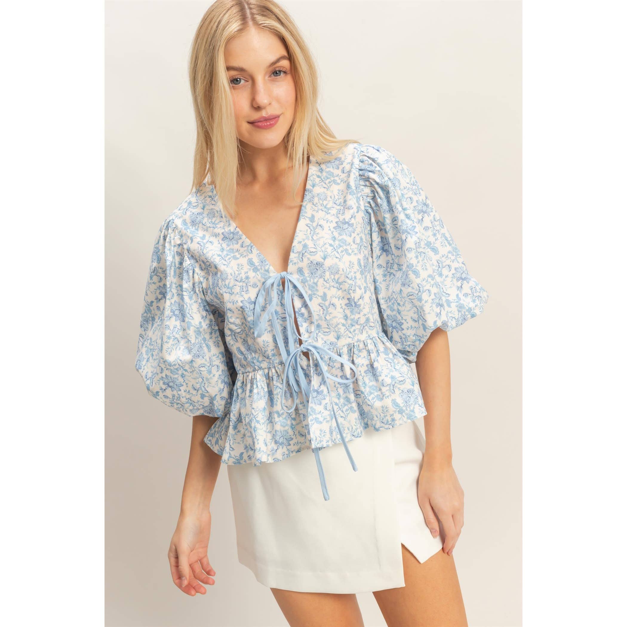 Floral Tie-Front Peplum Top: BLUE