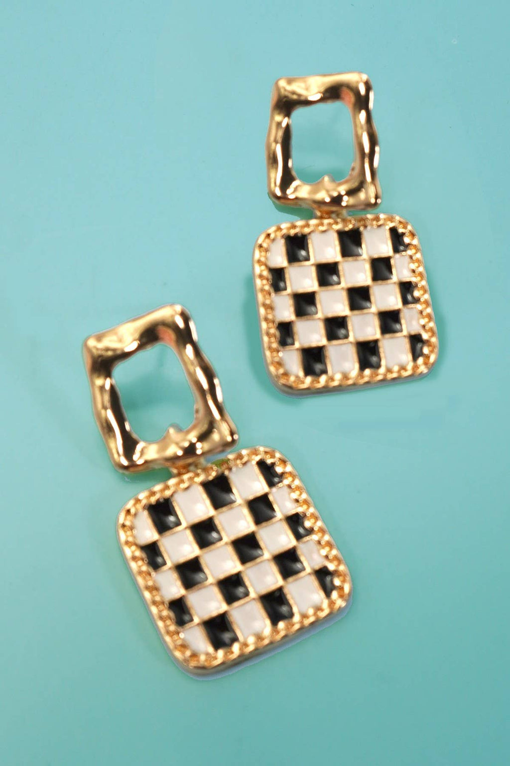 DOUBLE SQUARE CHEKER DROP EARRINGS | 80E6941: GOLD