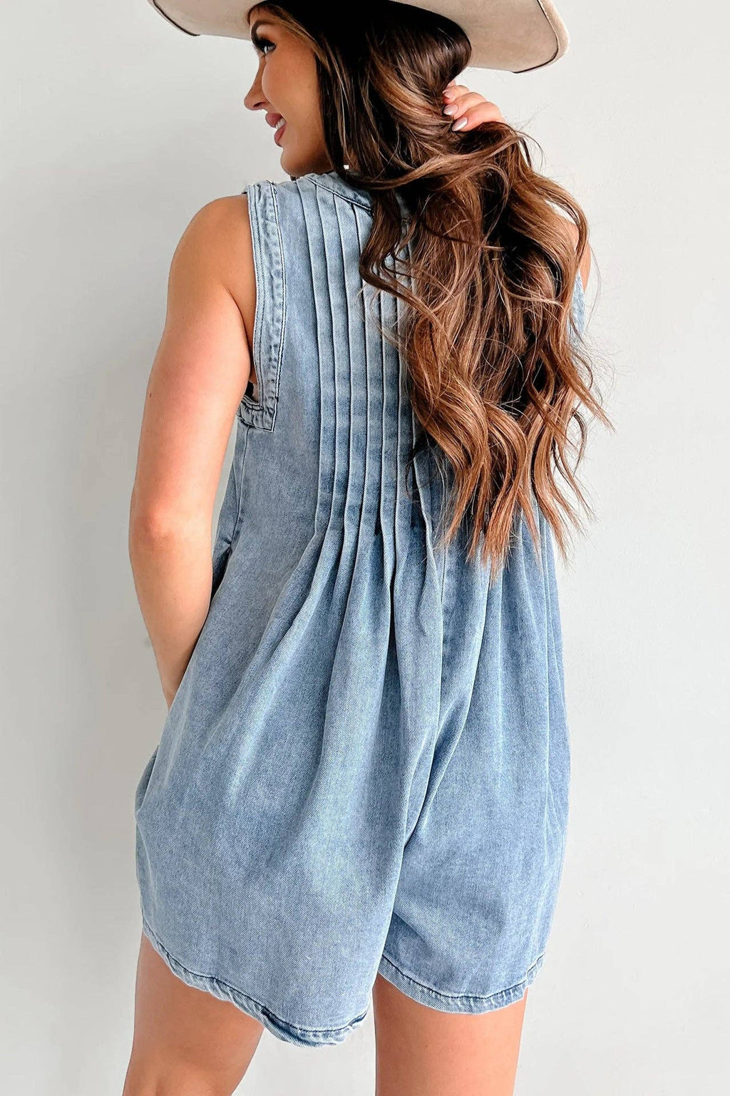 Ladies Tie Front V-Neck Sleeveless Denim Romper: Light Blue