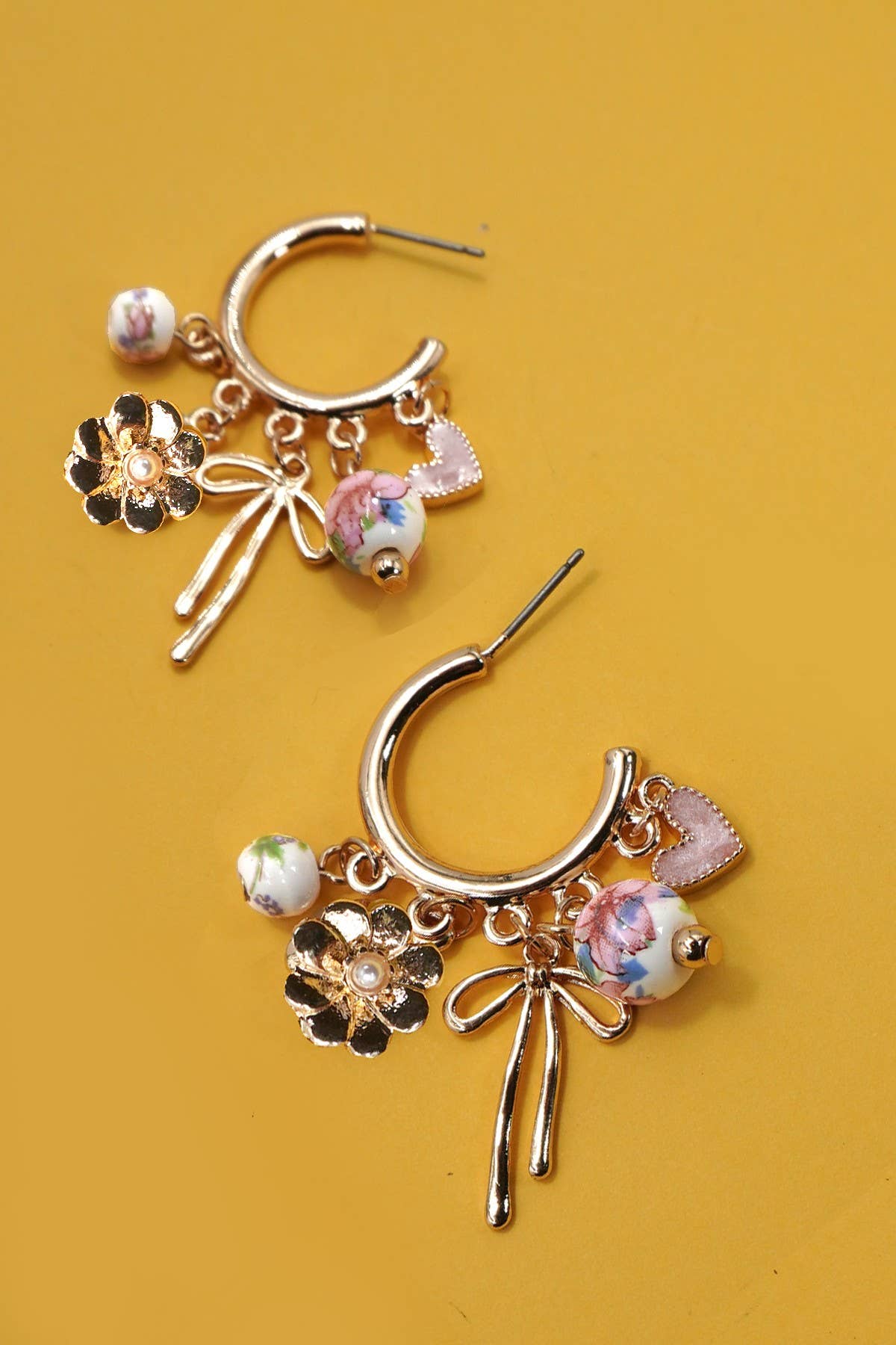 CERAMIC PORCELAIN BOW FLOWER CHARM DROP HOOP | 80E6644: GOLD