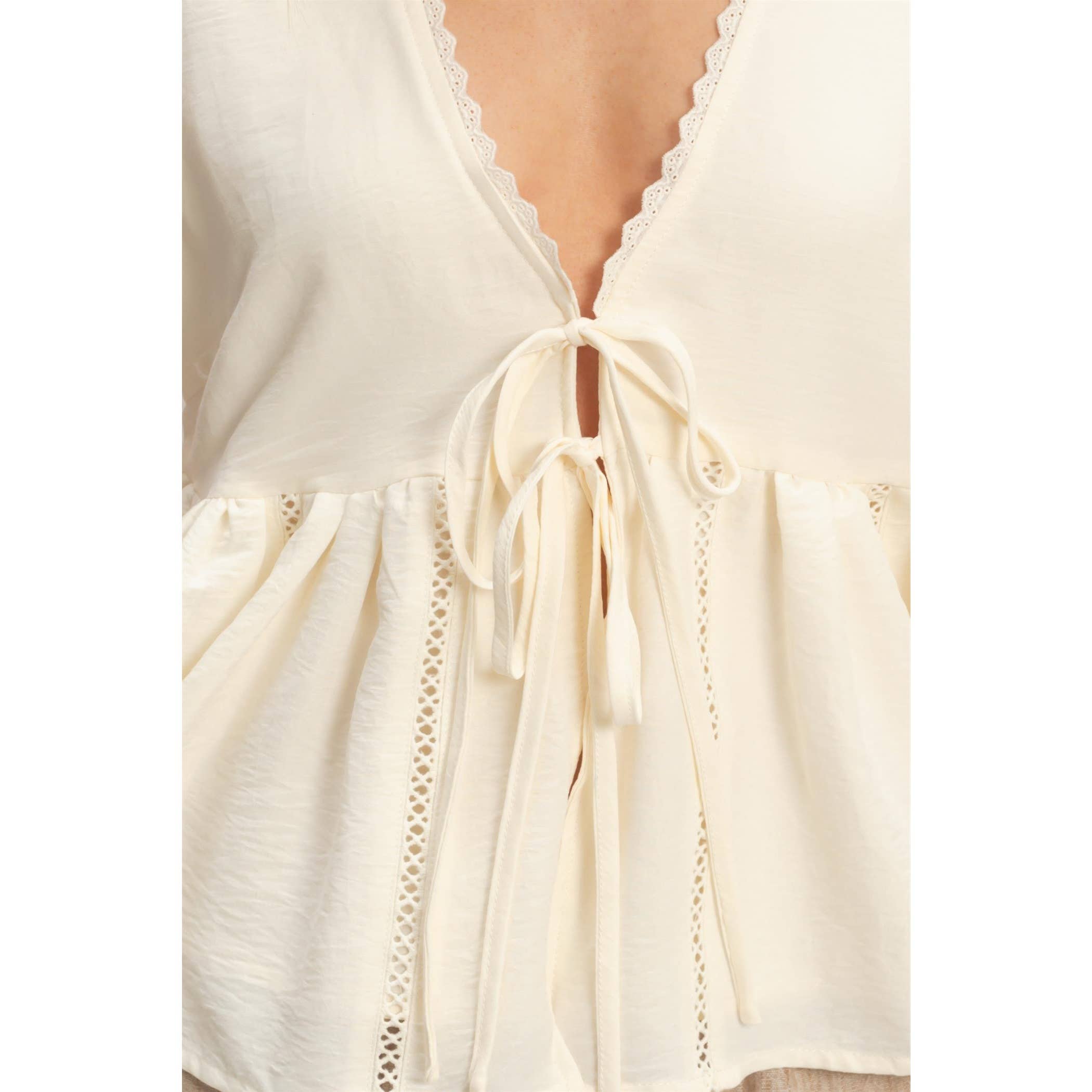 Lace Trim Tie Front Top: OFF WHITE