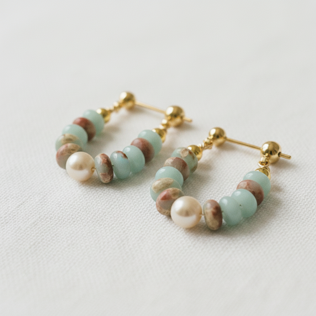 Beaded Emperor Stone and Freshwater Pearl Earrings