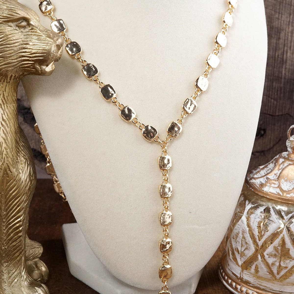 Desert Cascade – Textured Square Long Lariat Necklace: Gold Tone