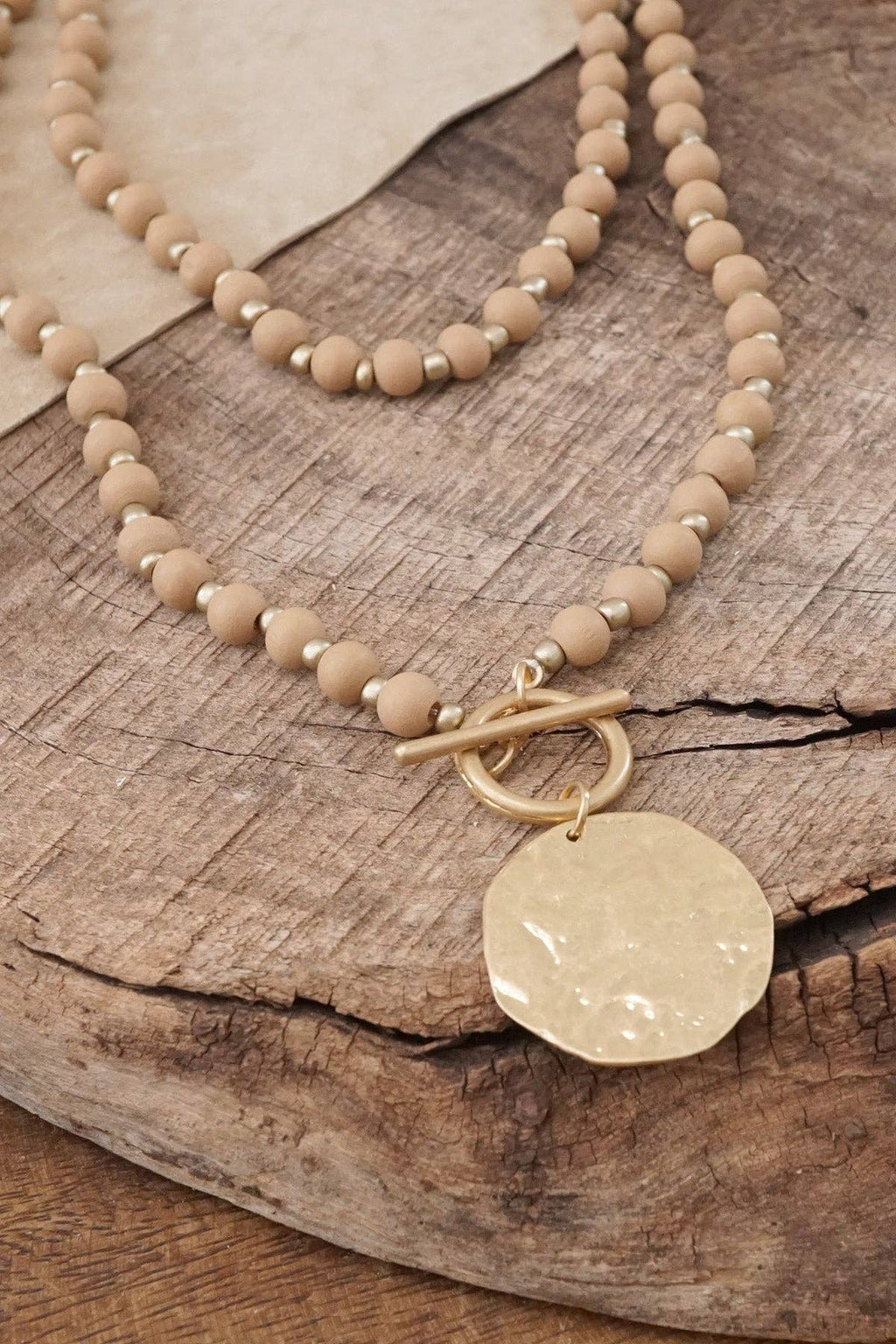 Wooden Bead Coin Toggle Necklace