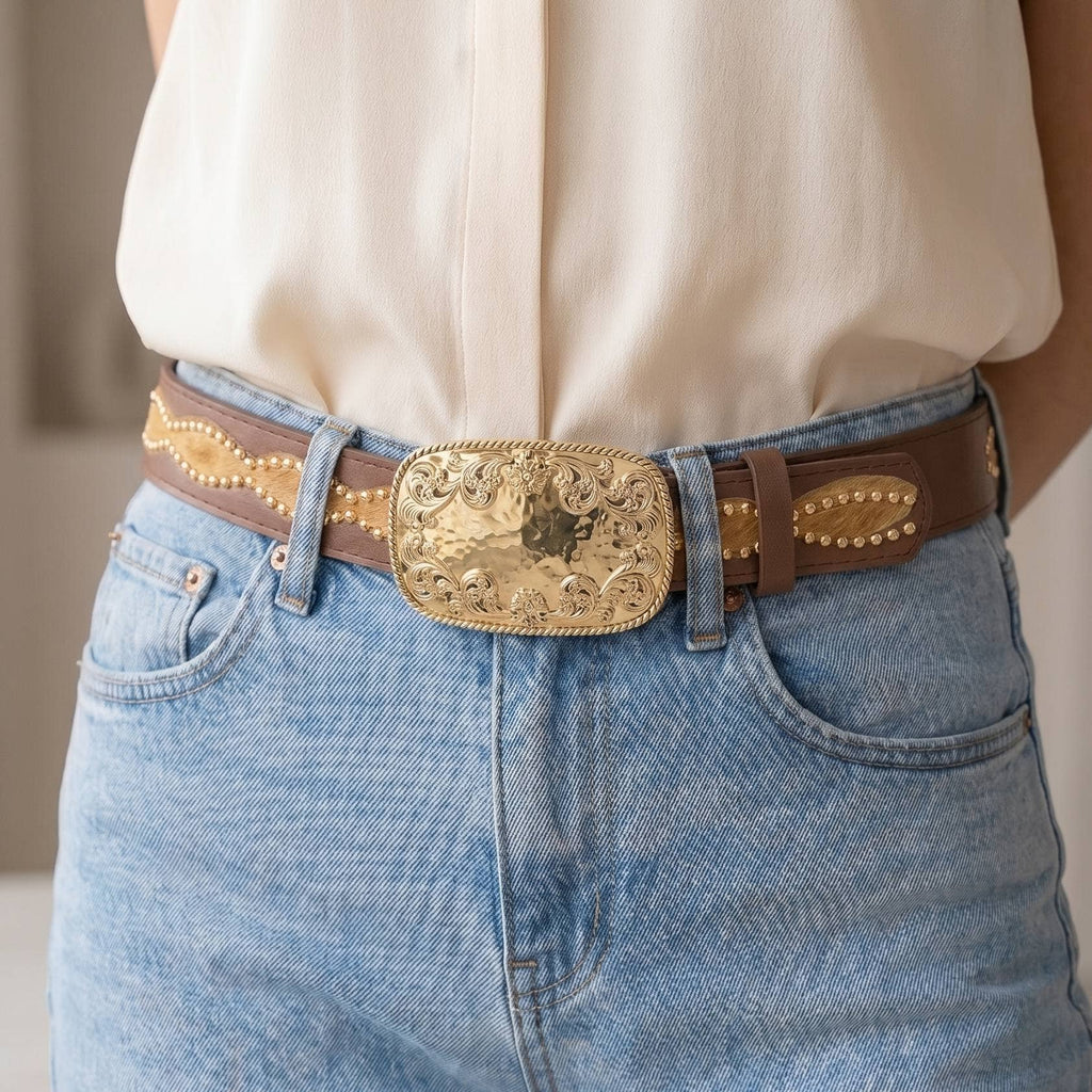 Western Cow Hide Accent Vegan Leather Belt