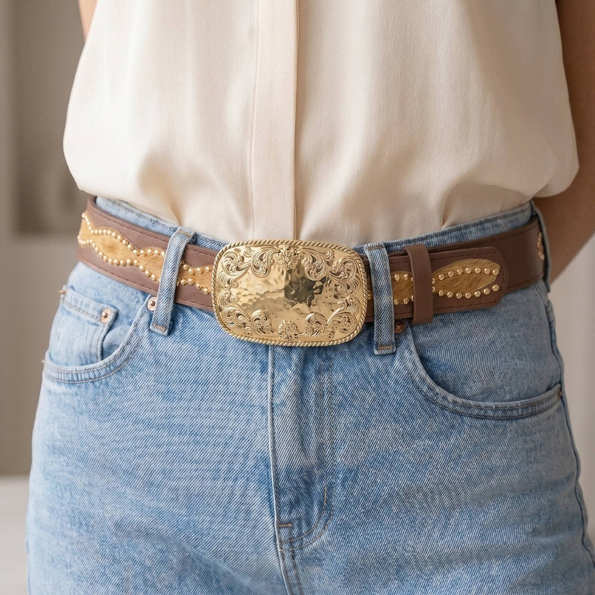 Western Cow Hide Accent Vegan Leather Belt
