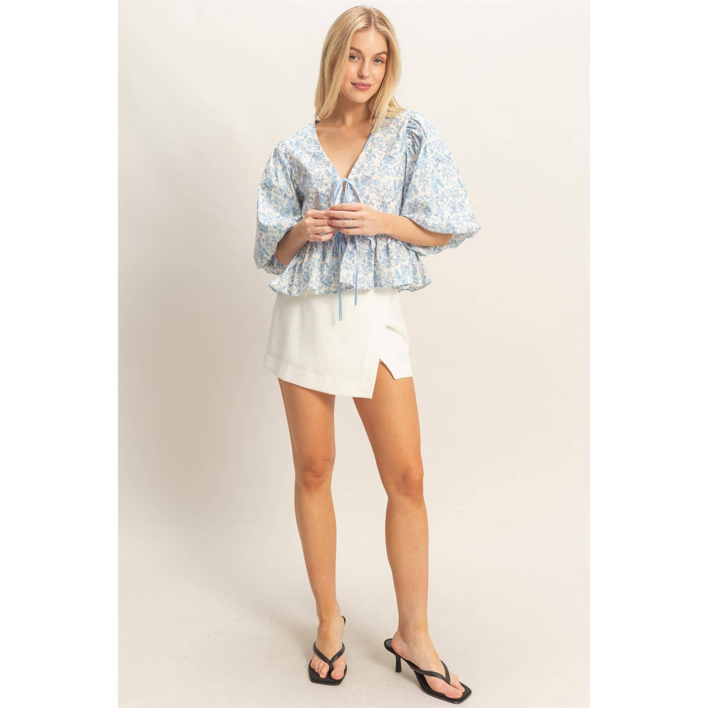 Floral Tie-Front Peplum Top: BLUE