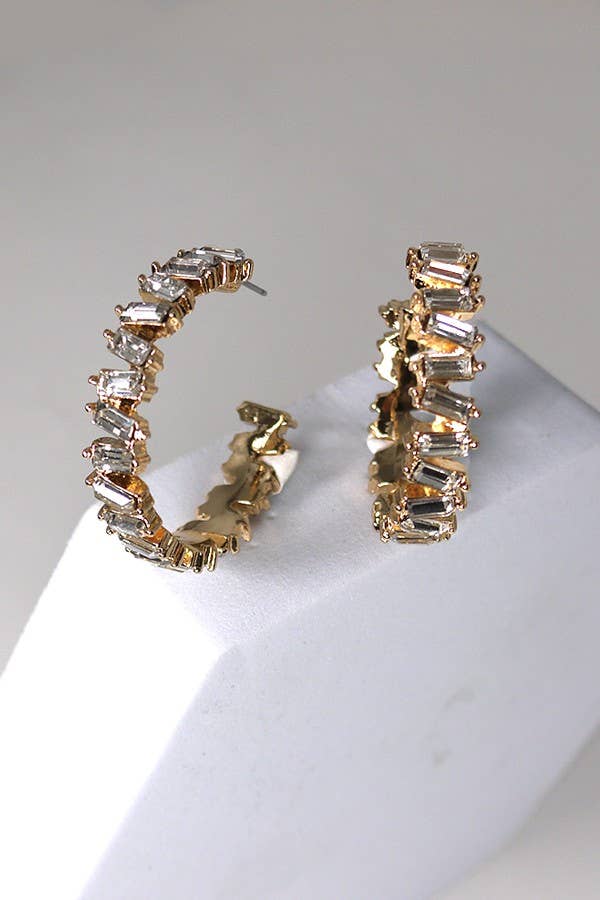 BAGUETTE RHINESTONE HOOP EARRINGS | 40E414: GOLD