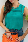 SLEEVELESS LACE EDGE WOVEN TOP: LIGHT TEAL