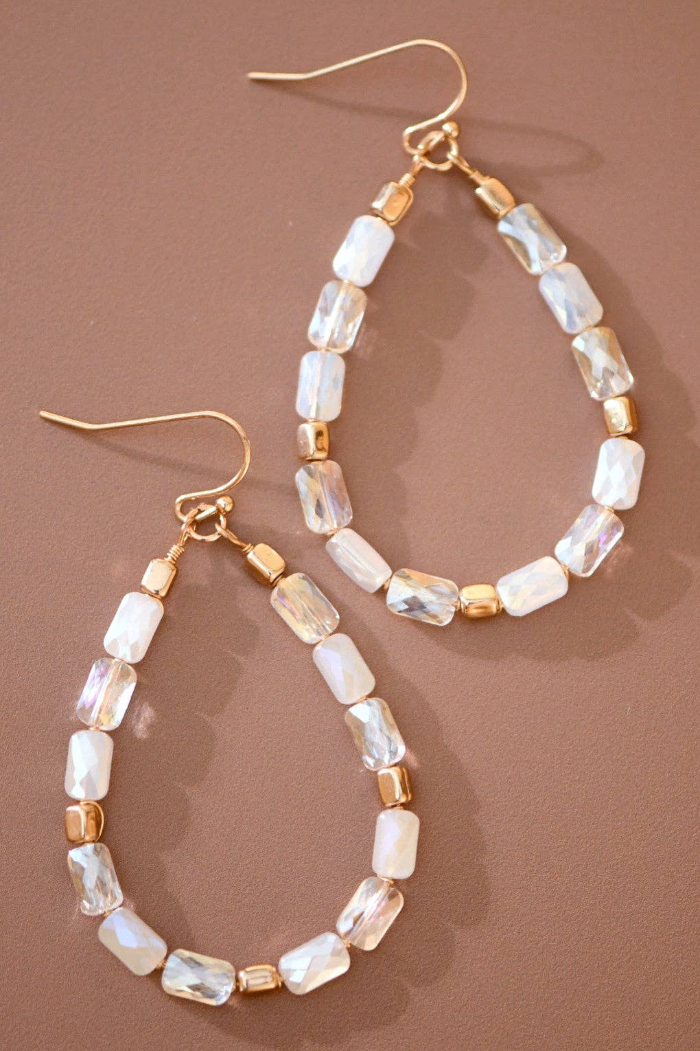 Teardrop Wire Beaded Glass Crystal Earrings - 7284: S0OX3T7284 White