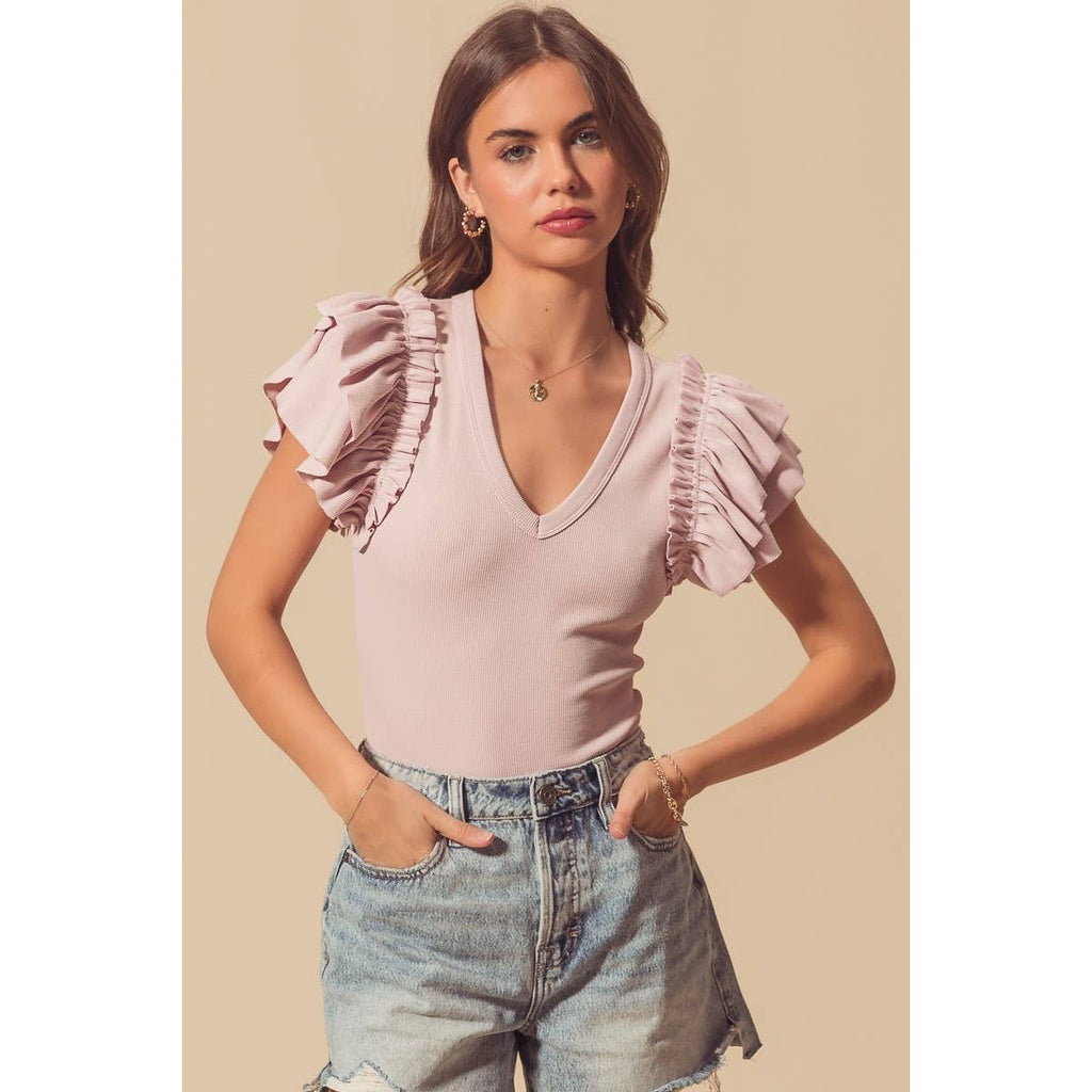 DEEP V NECK RIB KNIT BODYSUIT WITH RUFFLES: MAUVE