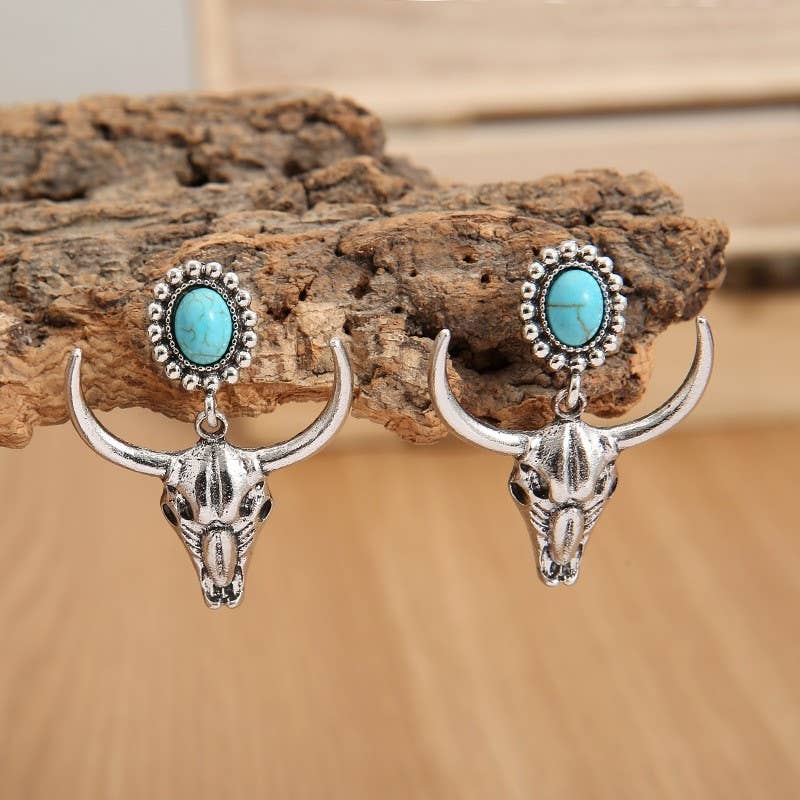 WESTERN BULL NATURAL STONE DROP EARRINGS | 40E435: Silver