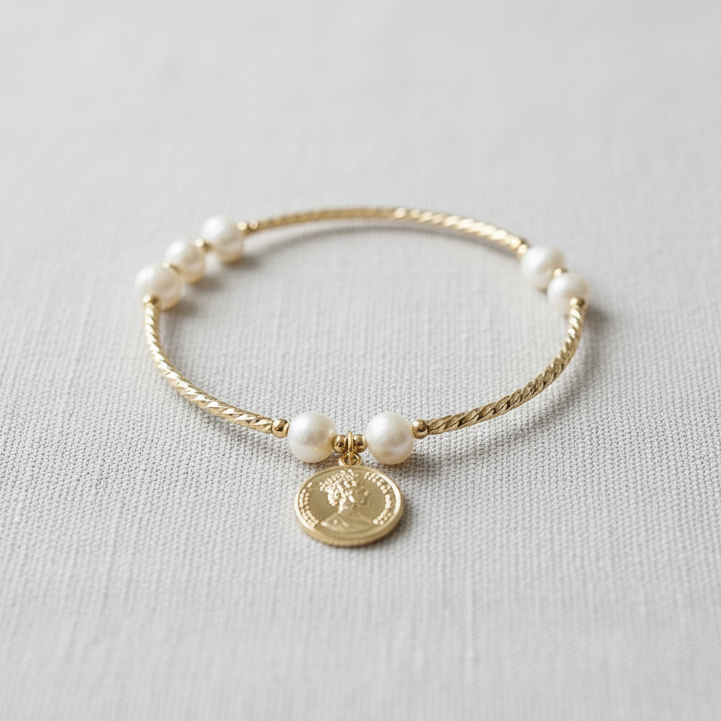 Freshwater Pearl and Coin Charm Stretch Bracelet